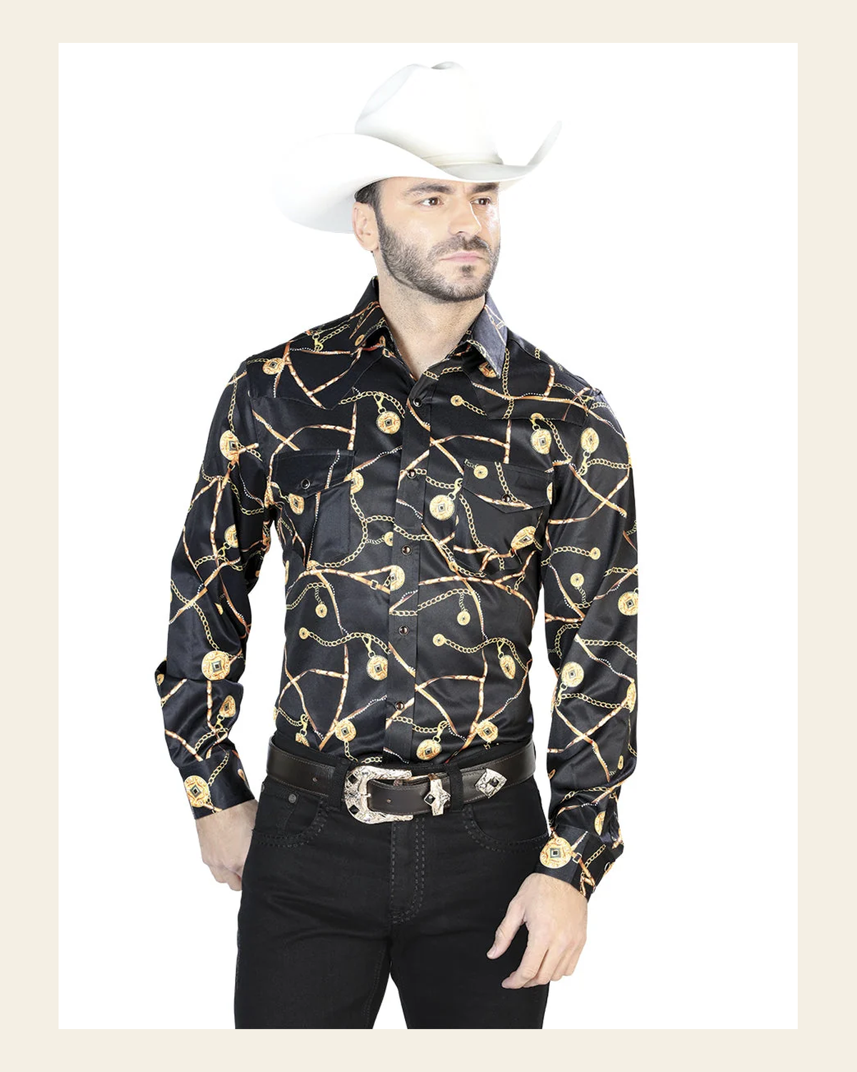 Black Casual Long Sleeve Shirt 44087 on a warm cream background