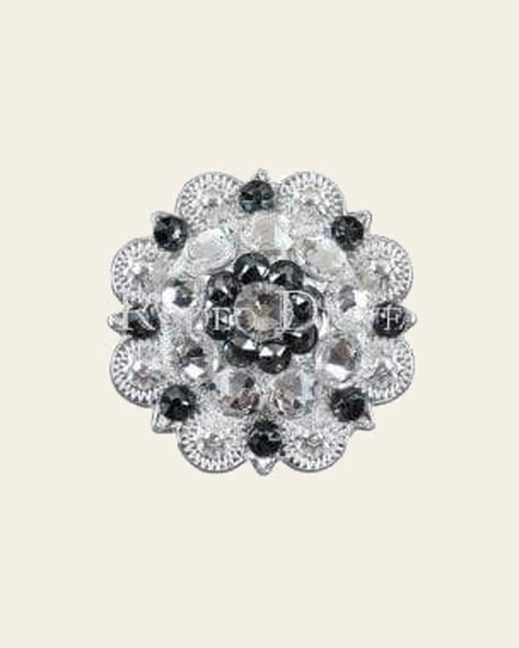 Black & Clear Bright Silver 1.5" European Crystal Concho on a warm cream background