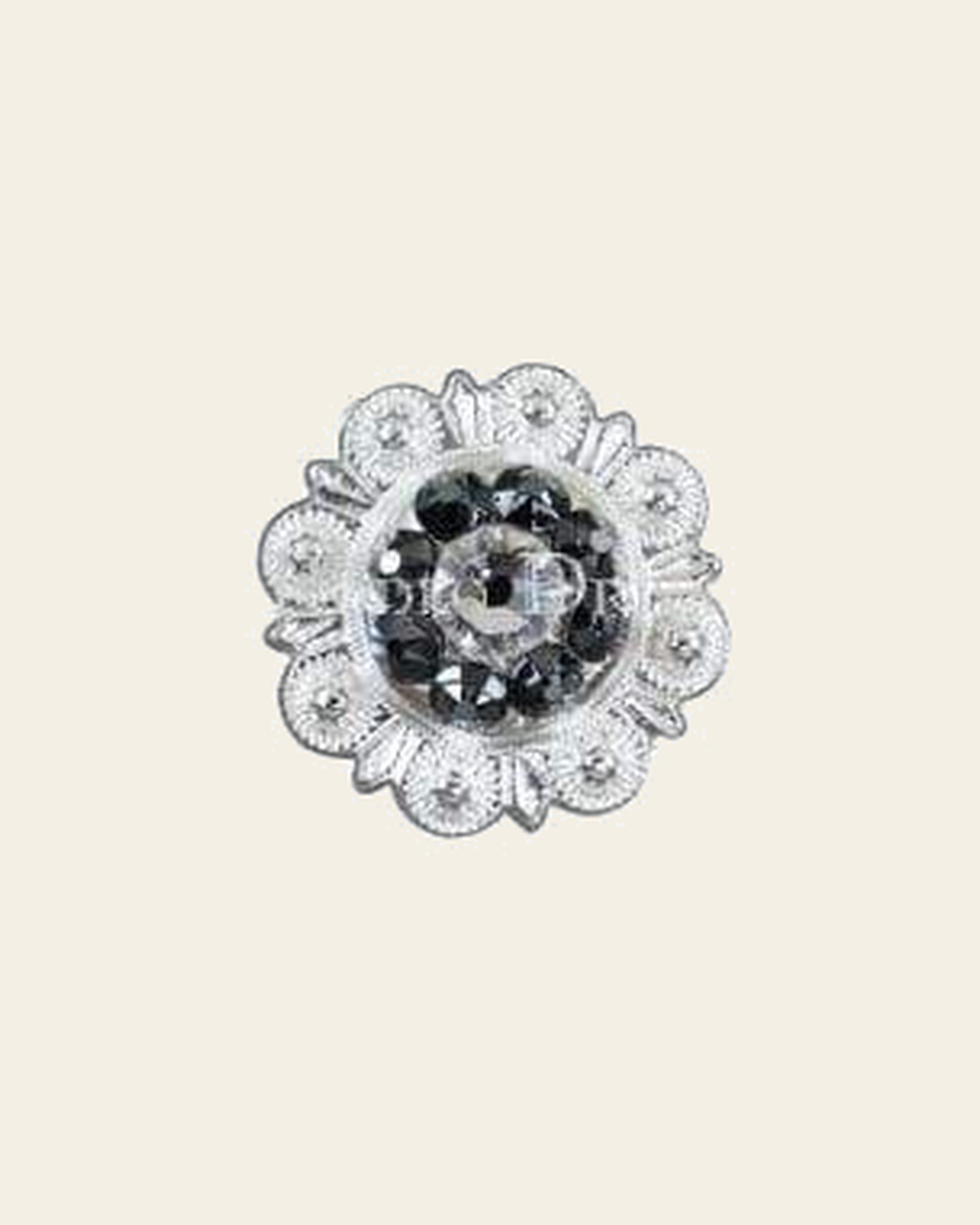 Black & Clear Bright Silver 1" European Crystal Concho on a warm cream background
