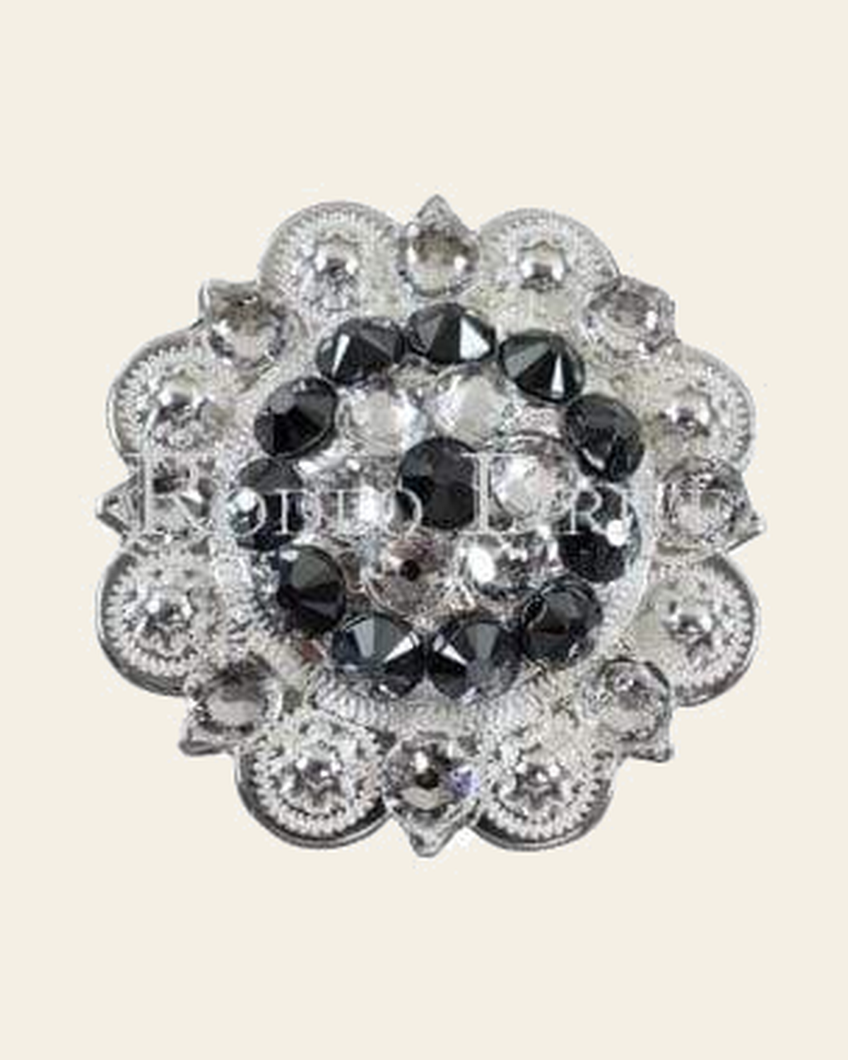 Black & Clear Bright Silver 2" European Crystal Concho on a warm cream background