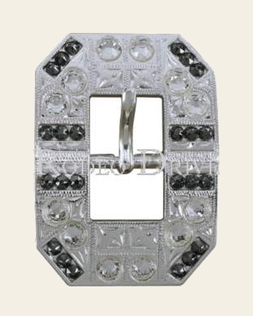 Black & Clear Bright Silver European Crystal Square Cart Buckle on a warm cream background