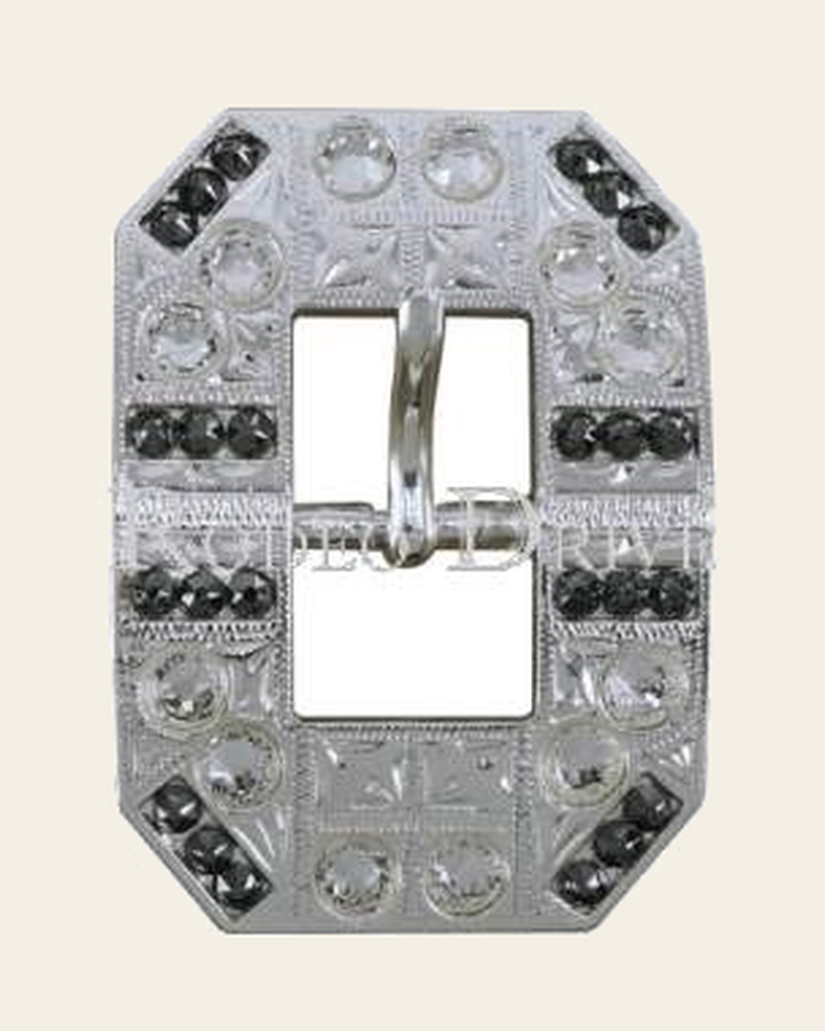 Black & Clear Bright Silver European Crystal Square Cart Buckle on a warm cream background