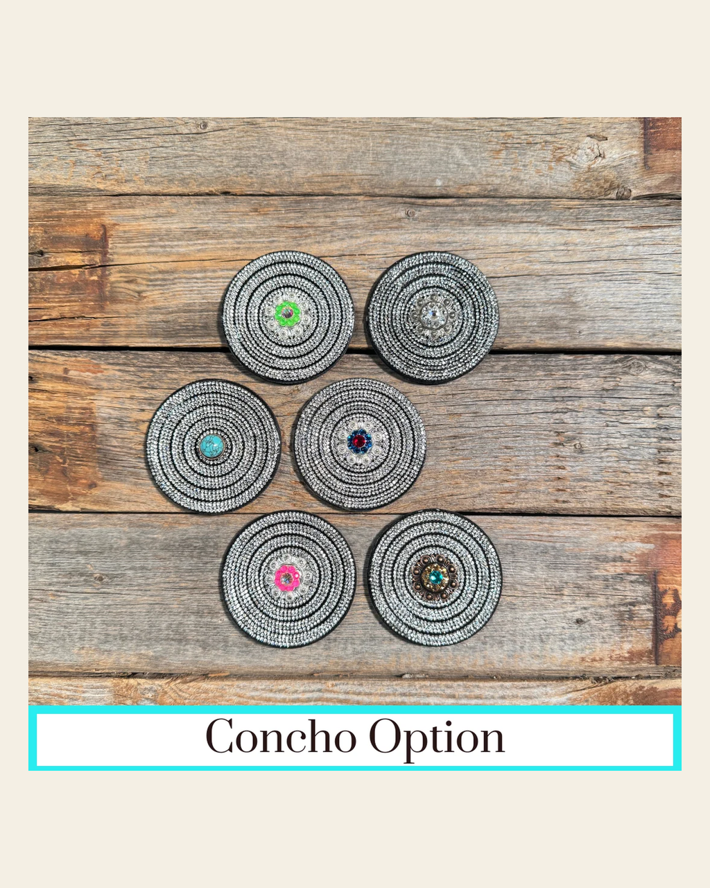Black Clear Circle Rhinestone Rosette - Assorted Conchos on a warm cream background