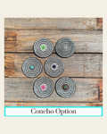 Black Clear Circle Rhinestone Rosette - Assorted Conchos on a warm cream background