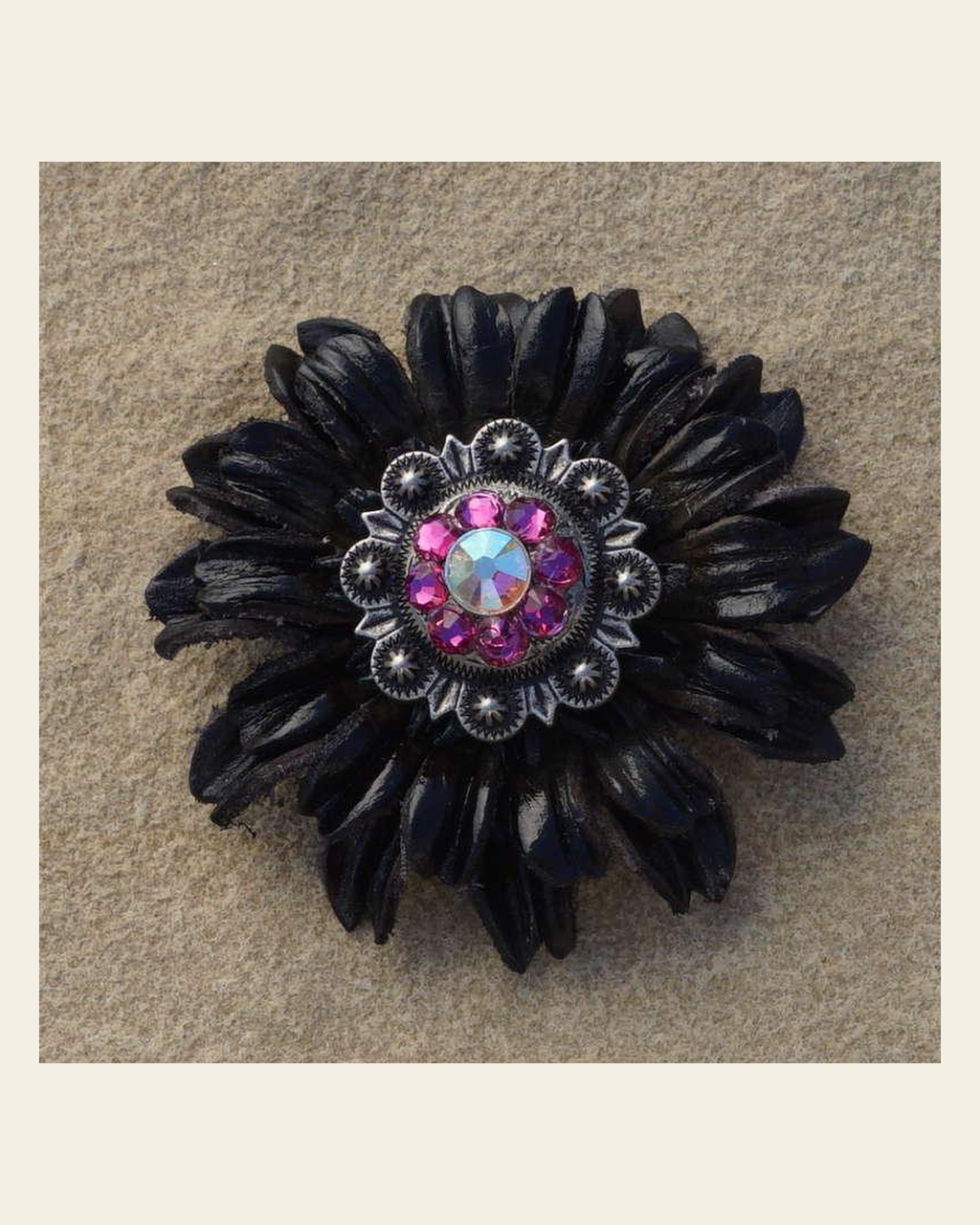Black Daisy Flower With Antique Silver Fuchsia and AB 1" Concho on a warm cream background