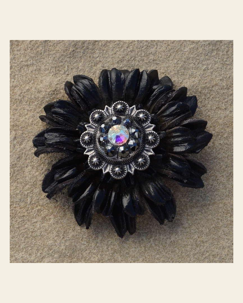 Black Daisy Flower With Antique Silver Jet and AB 1" Concho on a warm cream background