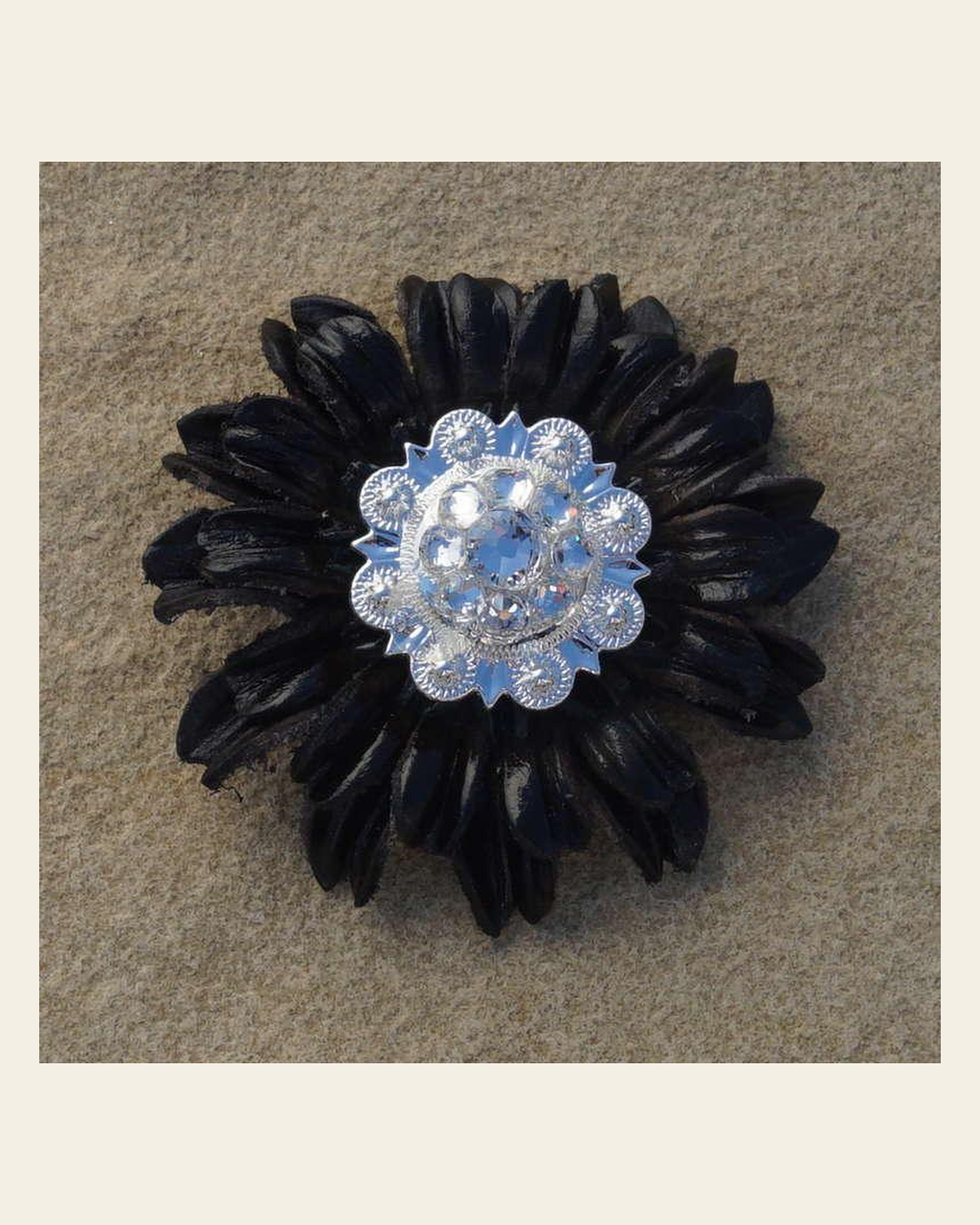 Black Daisy Flower With Bright Silver Clear 1" Concho on a warm cream background