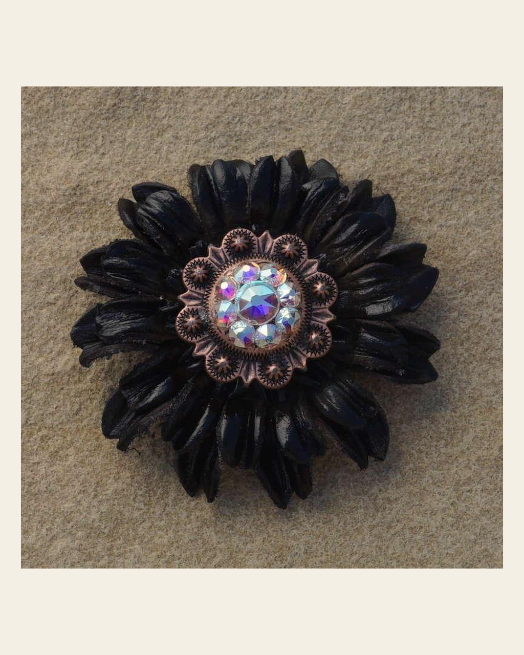 Black Daisy Flower With Copper AB 1" Concho on a warm cream background