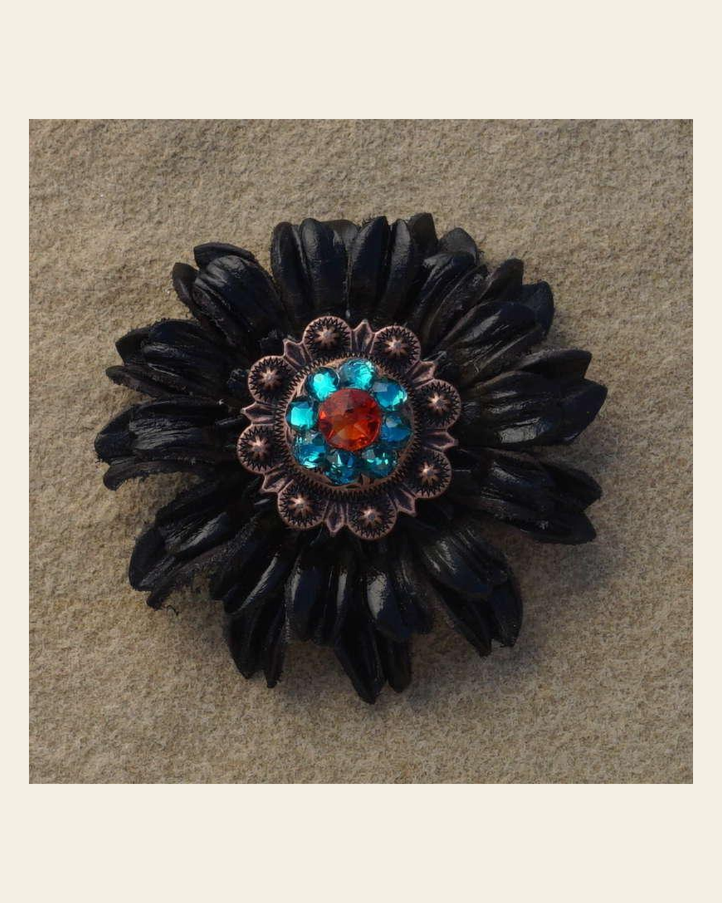 Black Daisy Flower With Copper Fire Opal and Teal 1" Concho on a warm cream background