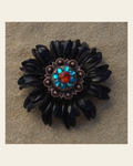 Black Daisy Flower With Copper Fire Opal and Teal 1" Concho on a warm cream background