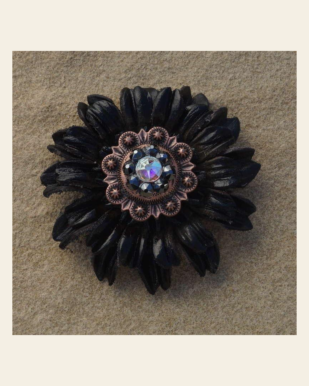 Black Daisy Flower With Copper Jet and AB 1" Concho on a warm cream background