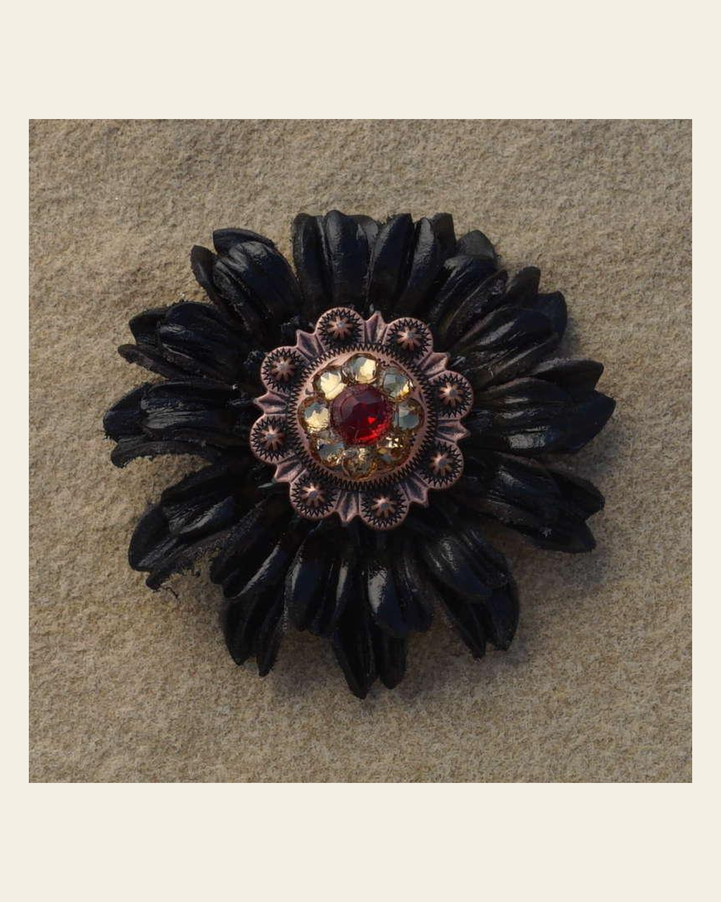 Black Daisy Flower With Copper Ruby and Champagne 1" Concho on a warm cream background
