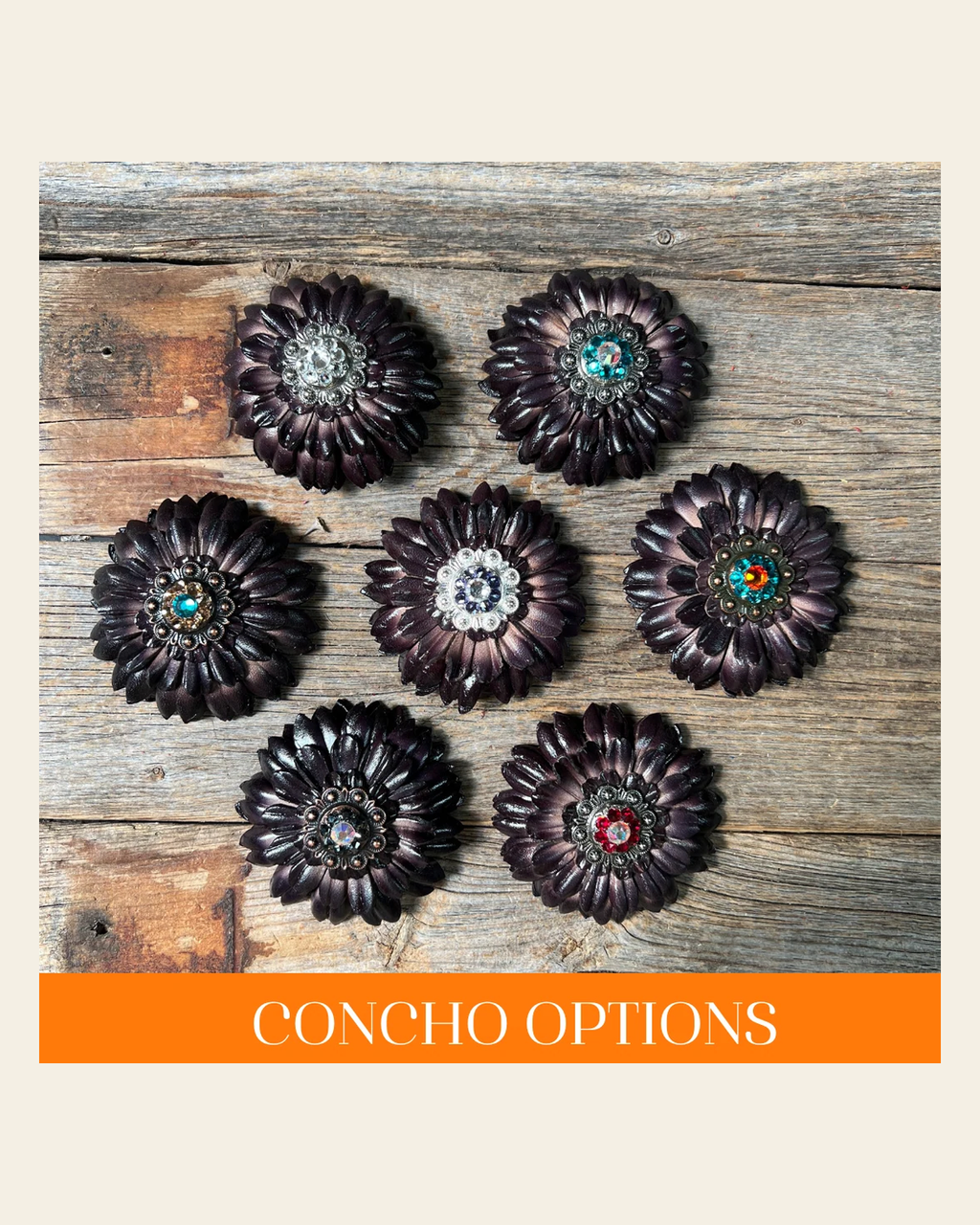 Black Daisy Leather Flowers - 1" Crystal Conchos - Options on a warm cream background