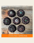 Black Daisy Leather Flowers - 1" Crystal Conchos - Options on a warm cream background