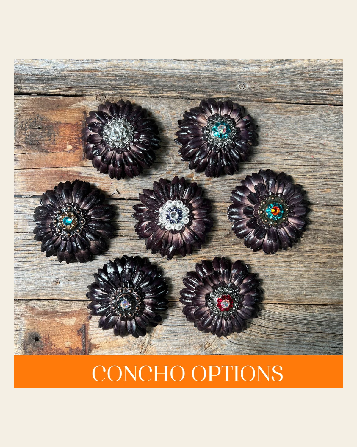 Black Daisy Leather Flowers - 1" Crystal Conchos - Options on a warm cream background