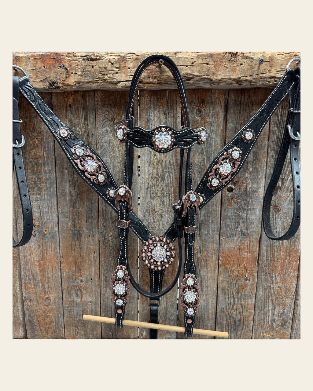 Black Floral AB Browband | One Ear Tack Set #BBBC501 on a warm cream background