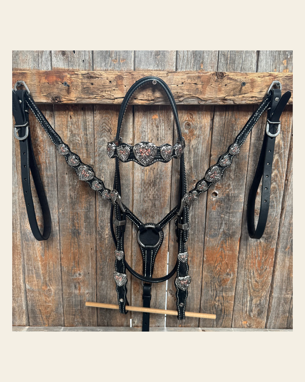 Black Floral Antique Silver and Copper Heart Browband | One Ear Tack Set #BBBC515 on a warm cream background