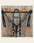 Black Floral Antique Silver and Copper Heart Browband | One Ear Tack Set #BBBC515 on a warm cream background