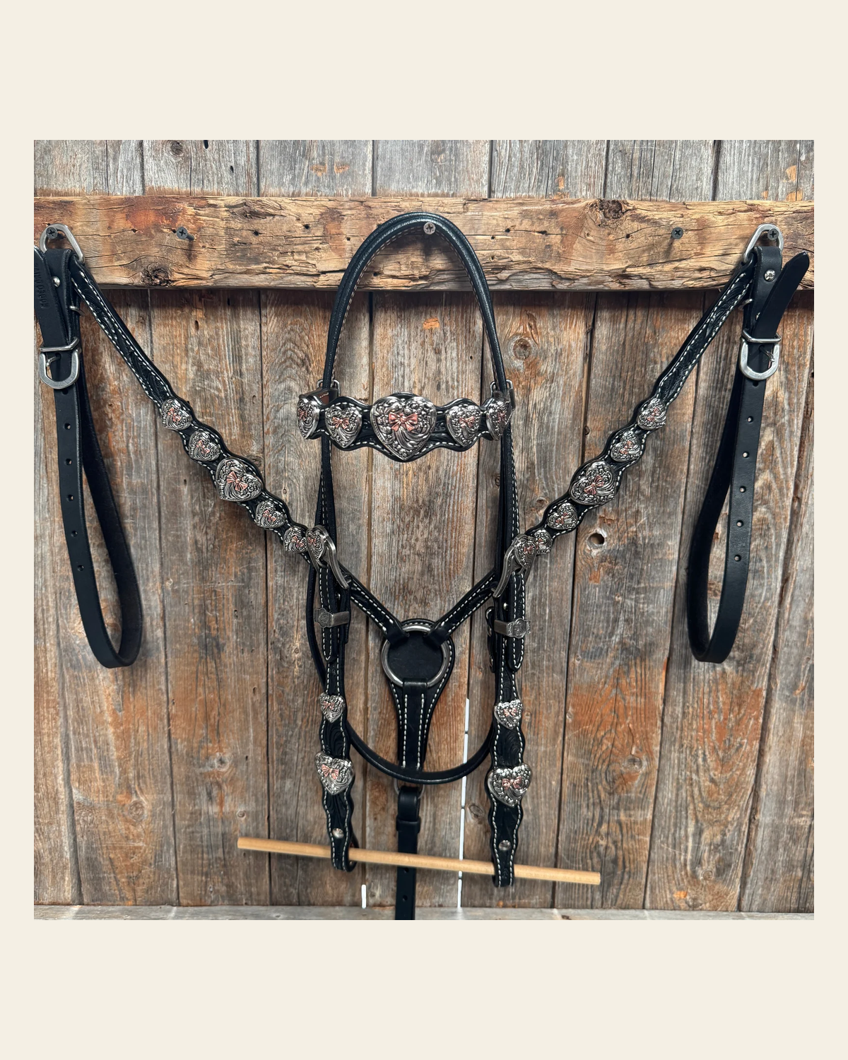 Black Floral Antique Silver and Copper Heart Browband | One Ear Tack Set #BBBC515 on a warm cream background