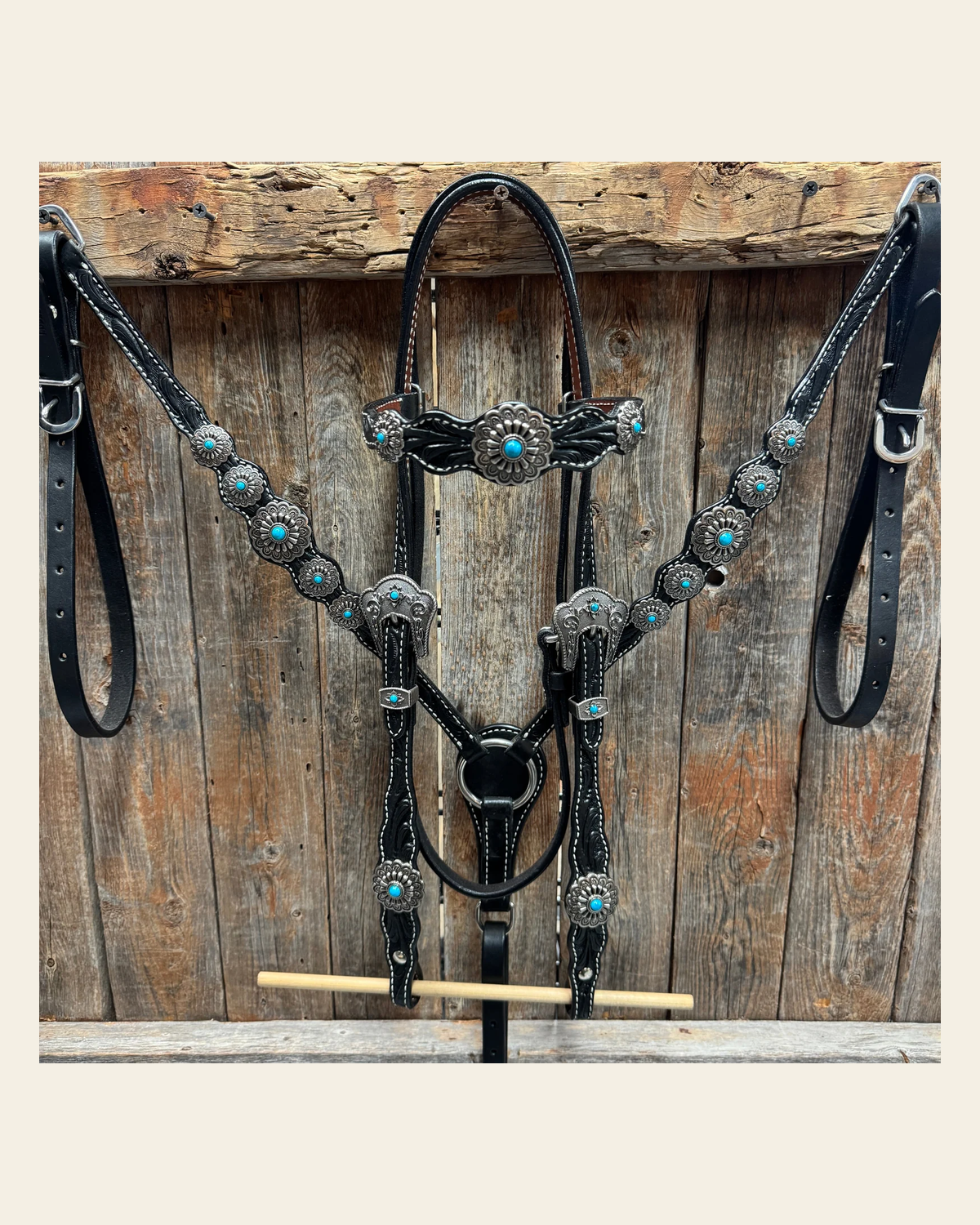 Black Floral Antique Silver Turquoise Browband/One Ear Tack Set #BBBC489 on a warm cream background