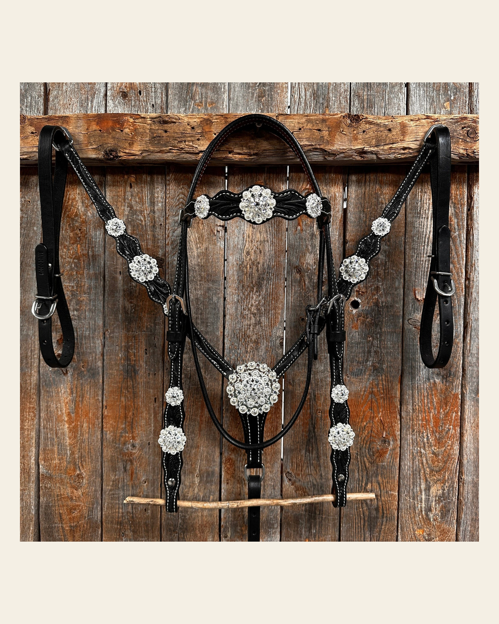 Black Floral Bright Clear Browband / One Ear Tack Set #BBBC599 on a warm cream background