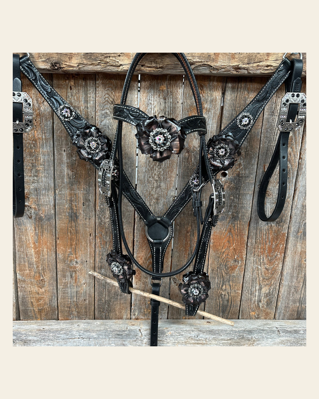 Black Floral Midnight Browband / Breastcollar Tack Set #BBBC578 on a warm cream background