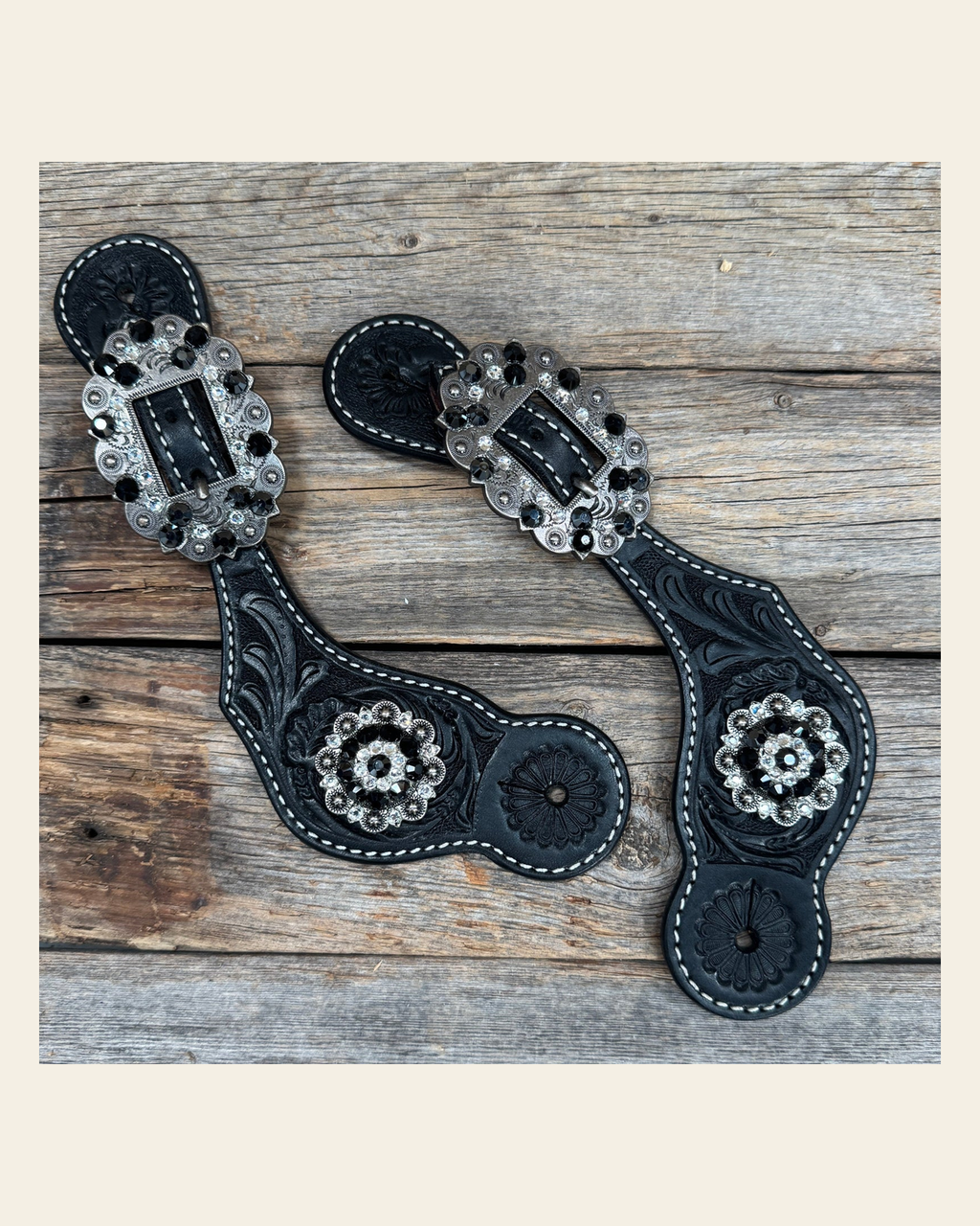 Black Floral Spur Straps - Antique Silver Crystal Conchos #SS115 on a warm cream background