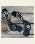 Black Floral Spur Straps - Antique Silver Crystal Conchos #SS115 on a warm cream background