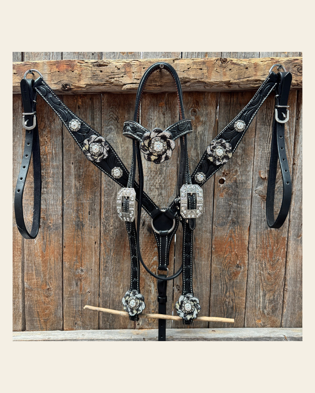Black Floral Tooled Black and White Bling Browband & Breastcollar Tack Set #BBBC653 on a warm cream background