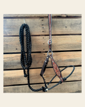 Black Flower Power Tooled Lariat & Leather Combo Halter on a warm cream background