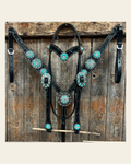 Black Floral Turquoise - Clear Browband / Breastcollar Tack Set #BBBC601 on a warm cream background