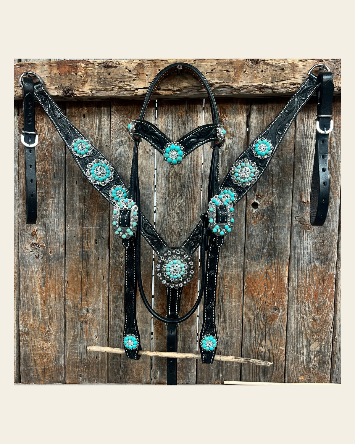 Black Floral Turquoise - Clear Browband / Breastcollar Tack Set #BBBC601 on a warm cream background