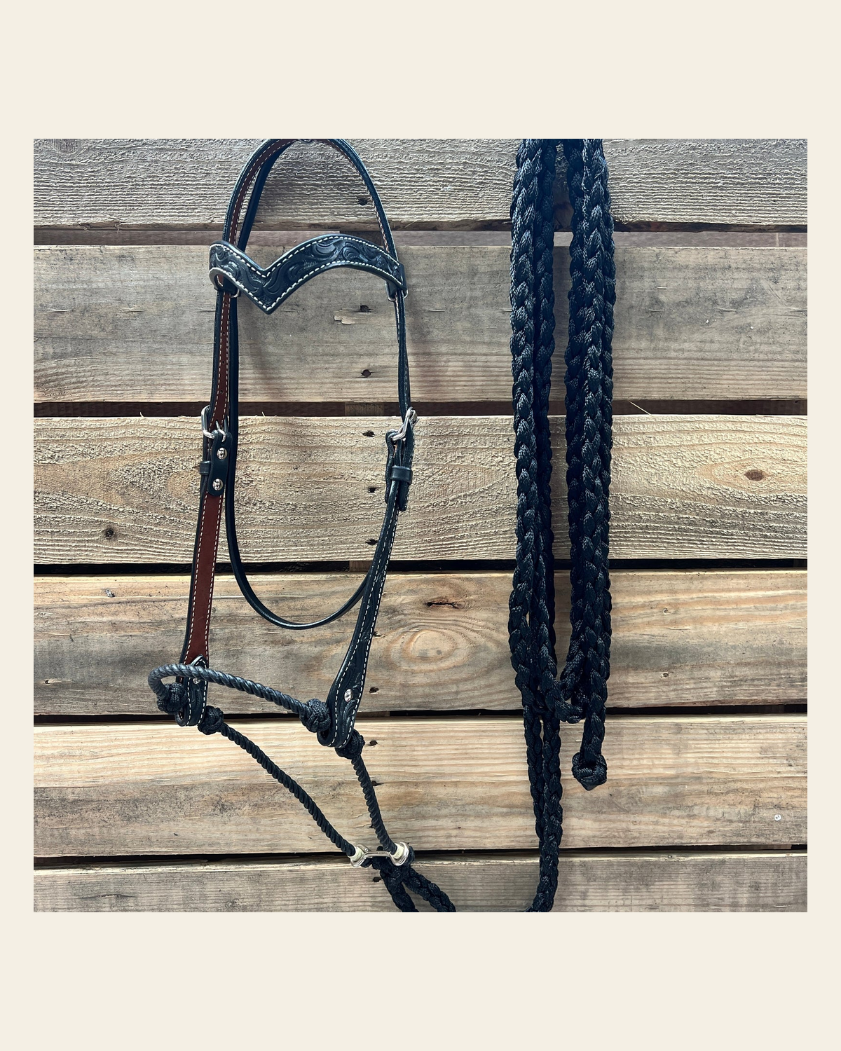Black Floral V-Brow Black Loping Hackamore #LHK027 on a warm cream background