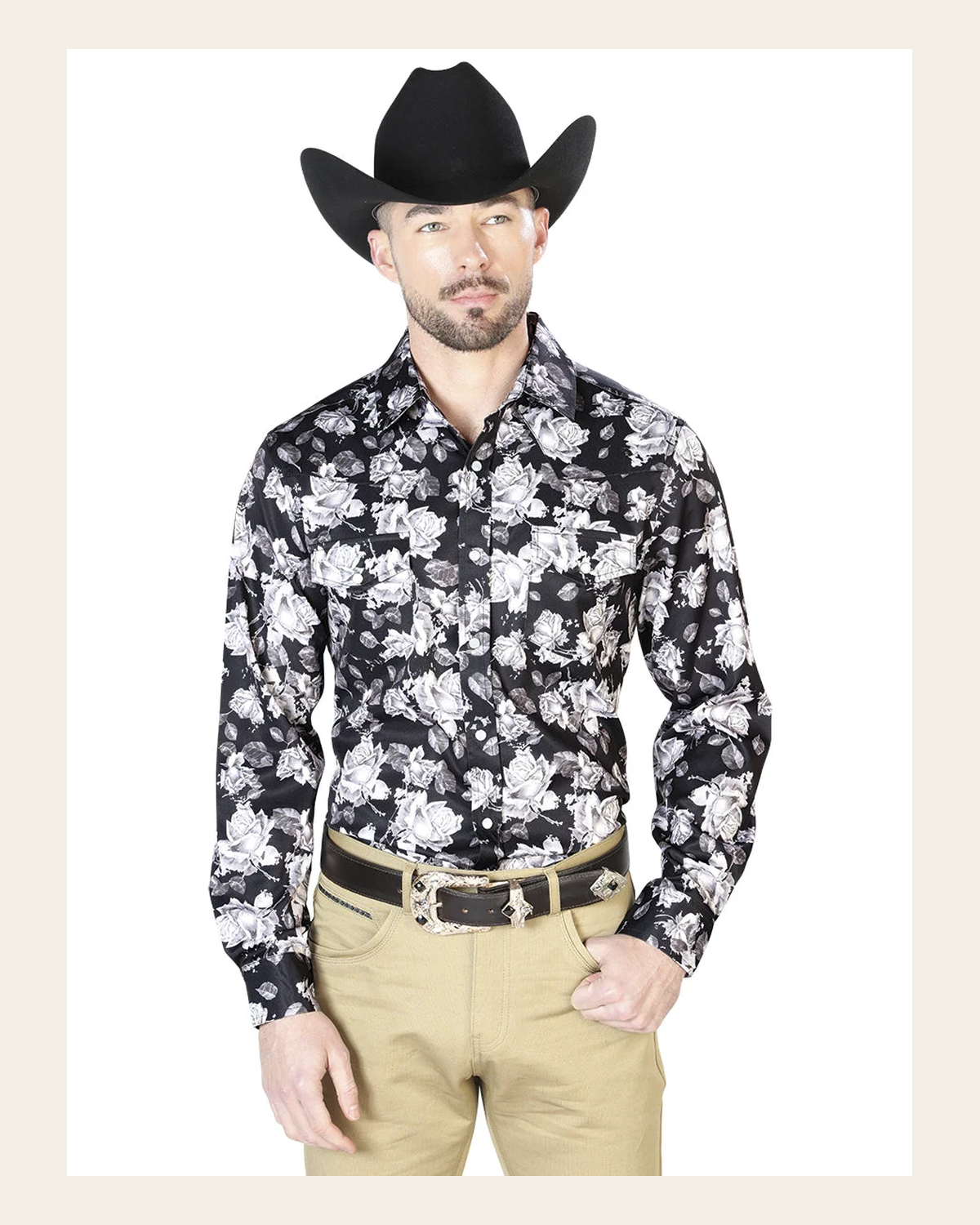 Black Flower Print Casual Long Sleeve Shirt 43960 on a warm cream background