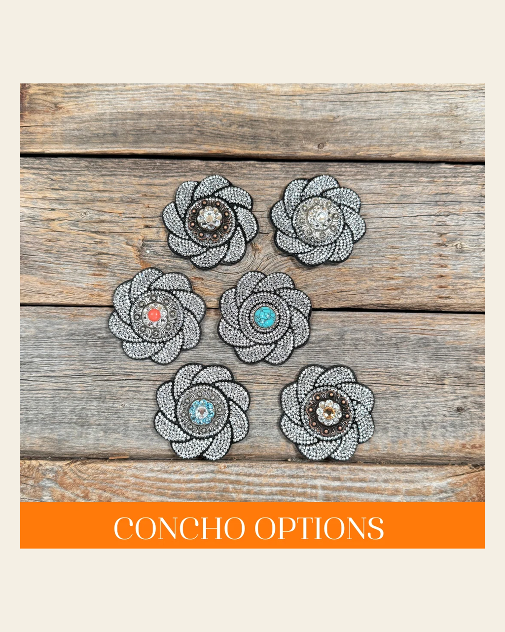 Black Flower Rhinestone Rosette - Assorted Conchos on a warm cream background