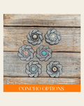Black Flower Rhinestone Rosette - Assorted Conchos on a warm cream background