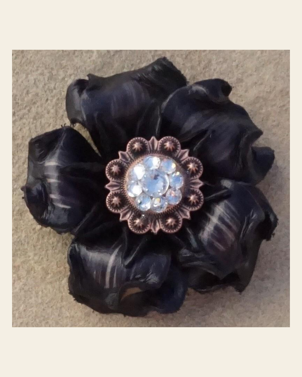 Black Gardenia Flower With Copper Clear 1" Concho on a warm cream background