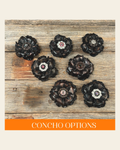 Black Gardenia Leather Flowers - 1" Crystal Conchos - Options on a warm cream background
