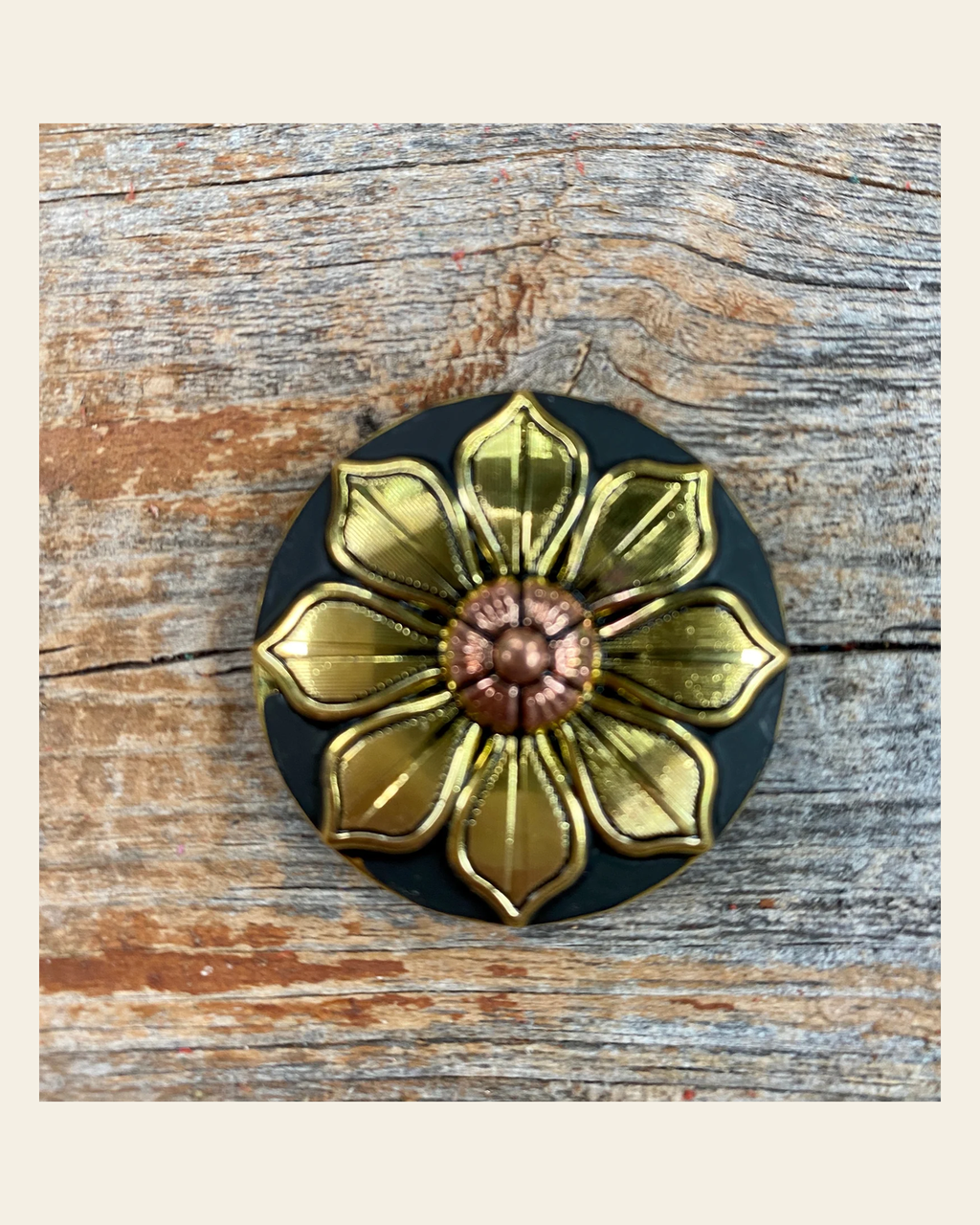 Black & Gold Sunflower Concho 1” W125S on a warm cream background
