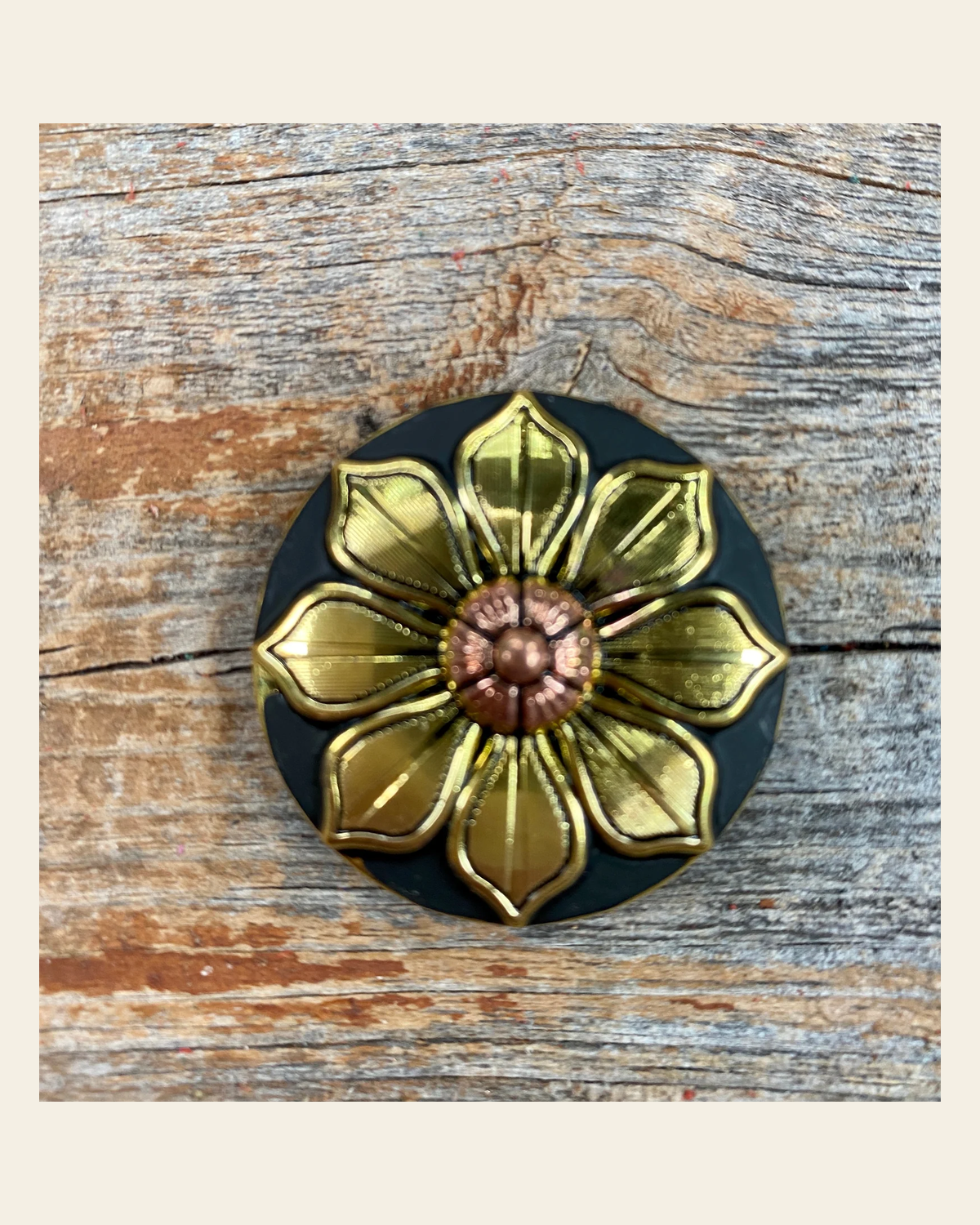 Black & Gold Sunflower Concho 1” W125S on a warm cream background