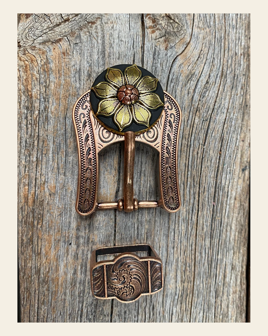 Black & Gold Sunflower Concho Buckle Adapter W125COBA on a warm cream background