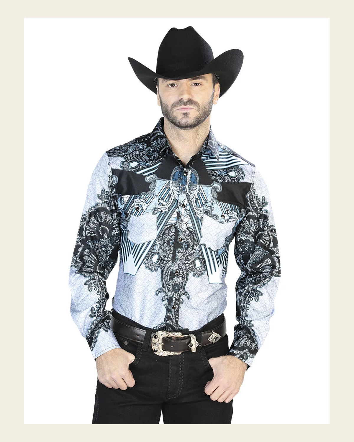 Black Gray Casual Long Sleeve Shirt 44095 on a warm cream background