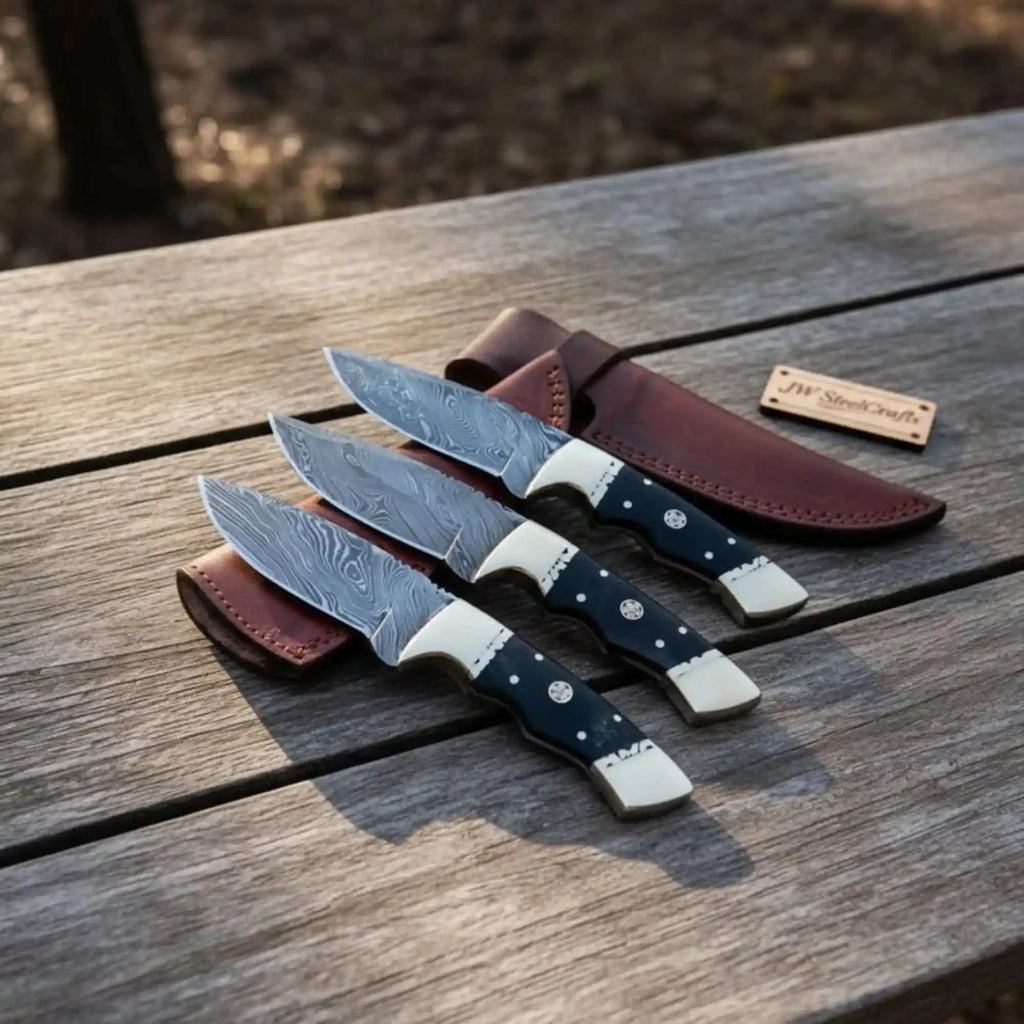Damascus Hunting Knife Set Brass and Black Micarta Handle Fixed Blade Trio