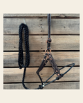 Black Honeycomb Tooled Lariat & Leather Combo Halter on a warm cream background