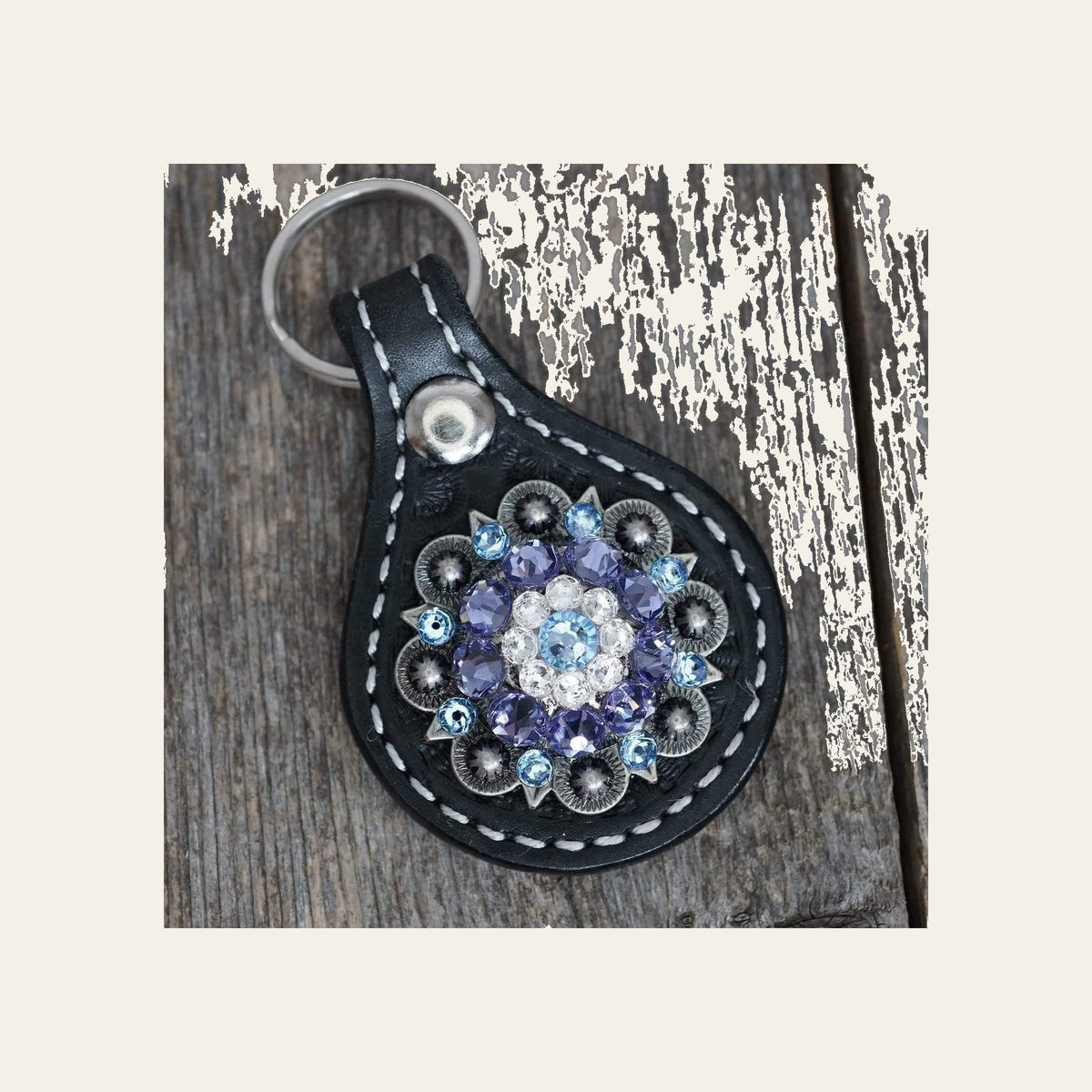 Black Key Chain with Light Sapphire and Lilac European Crystal Concho