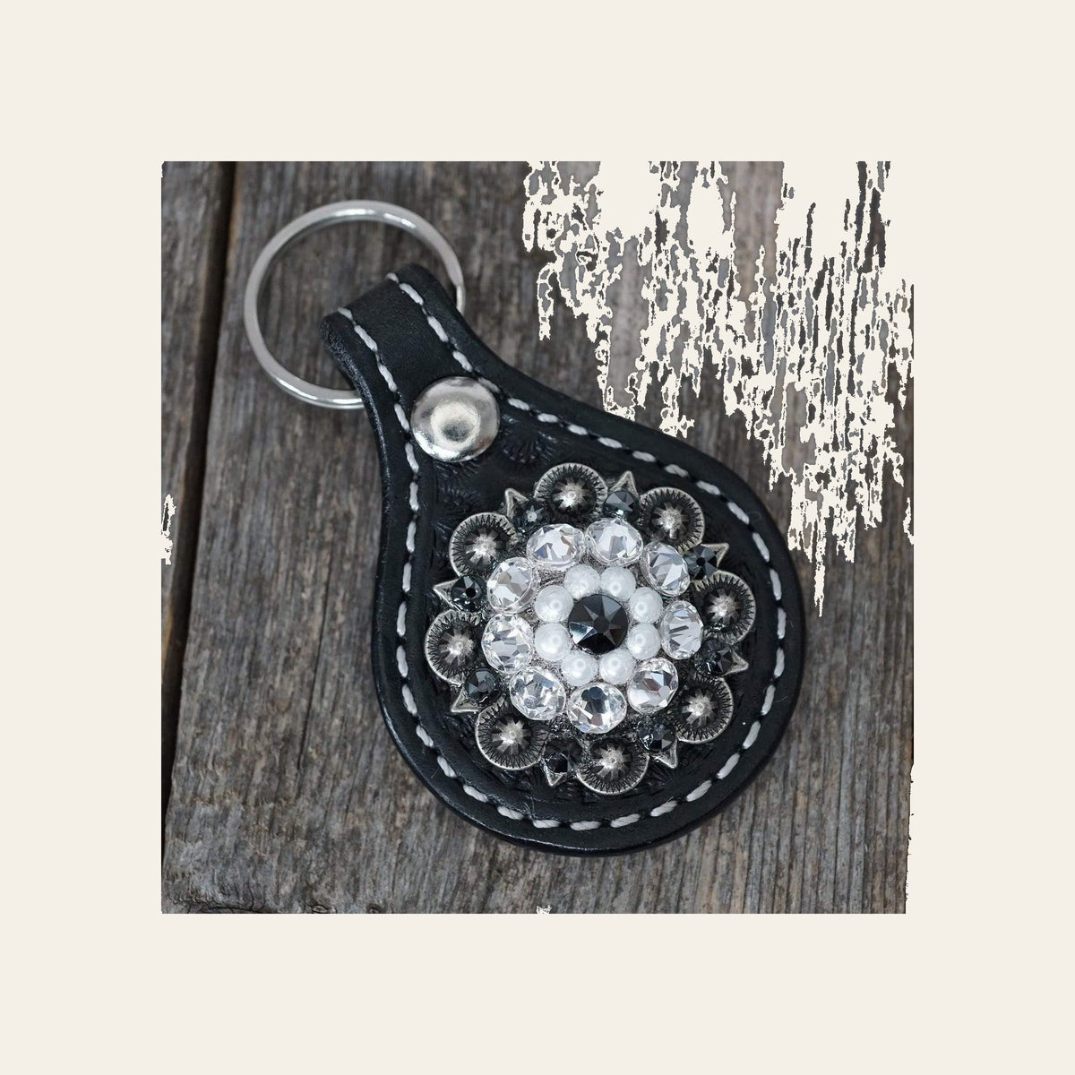 Black Key Chain with Jet and Pearl European Crystal Concho