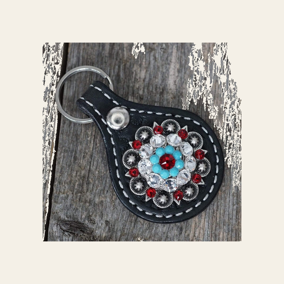 Black Key Chain with Red and Turquoise European Crystal Concho