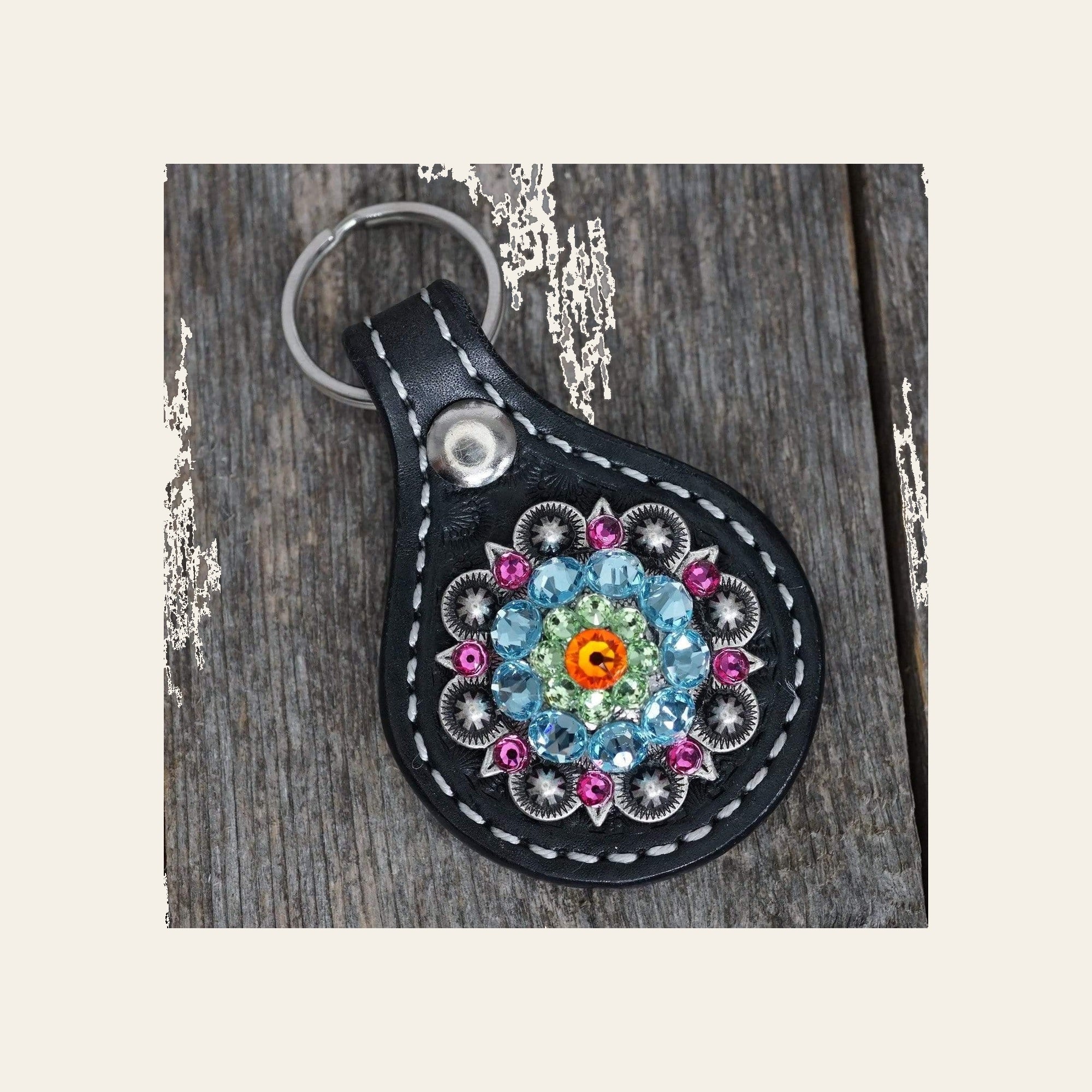 Black Key Chain with Tie Dye European Crystal Concho