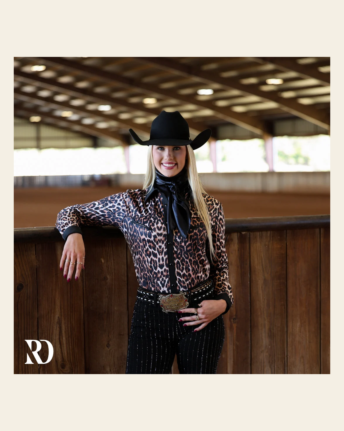 Black Leopard Performance Rodeo Shirt on a warm cream background