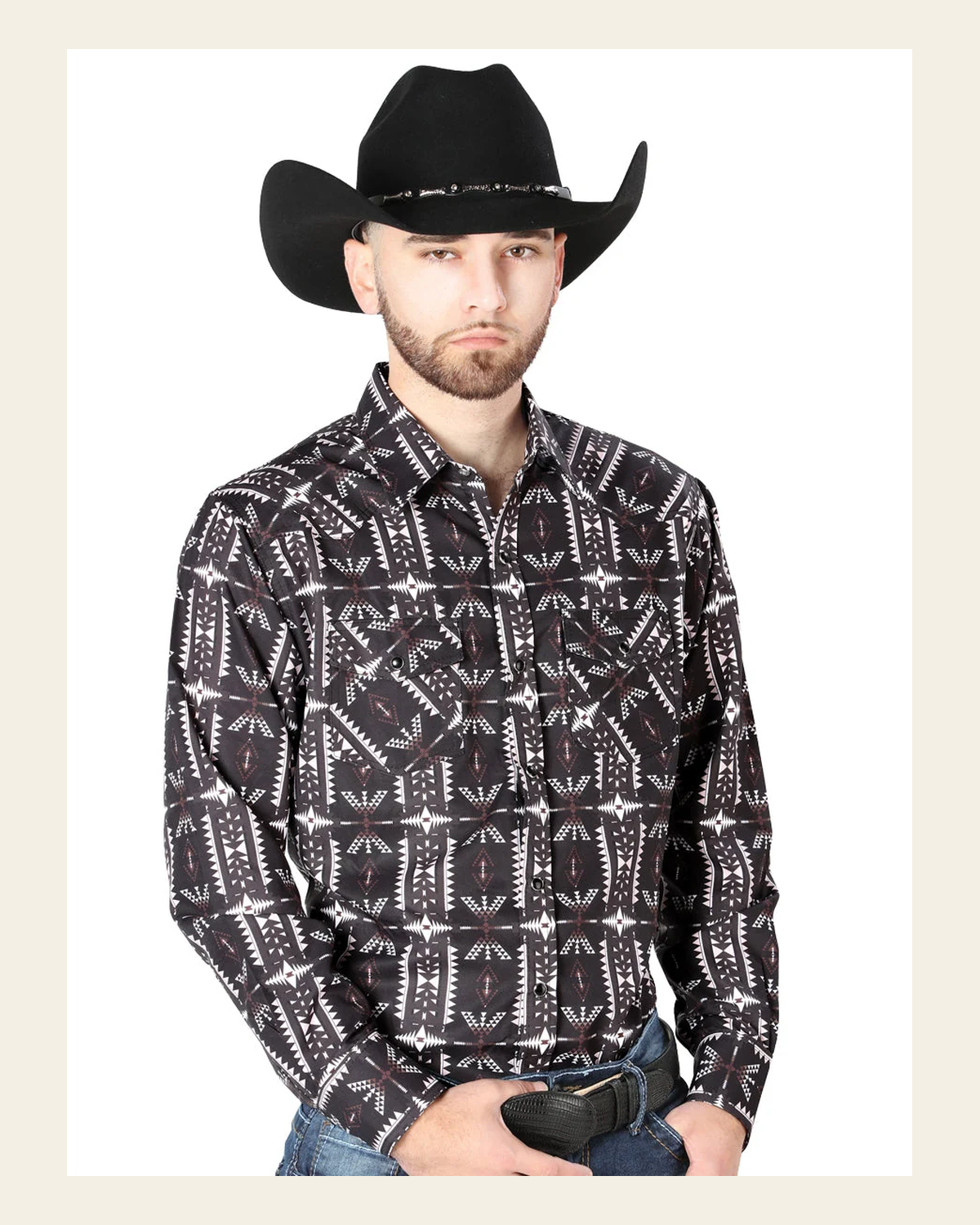 Men's Long Sleeve Snap Button Western Shirt - Brown/Wine 44205 on a warm cream background